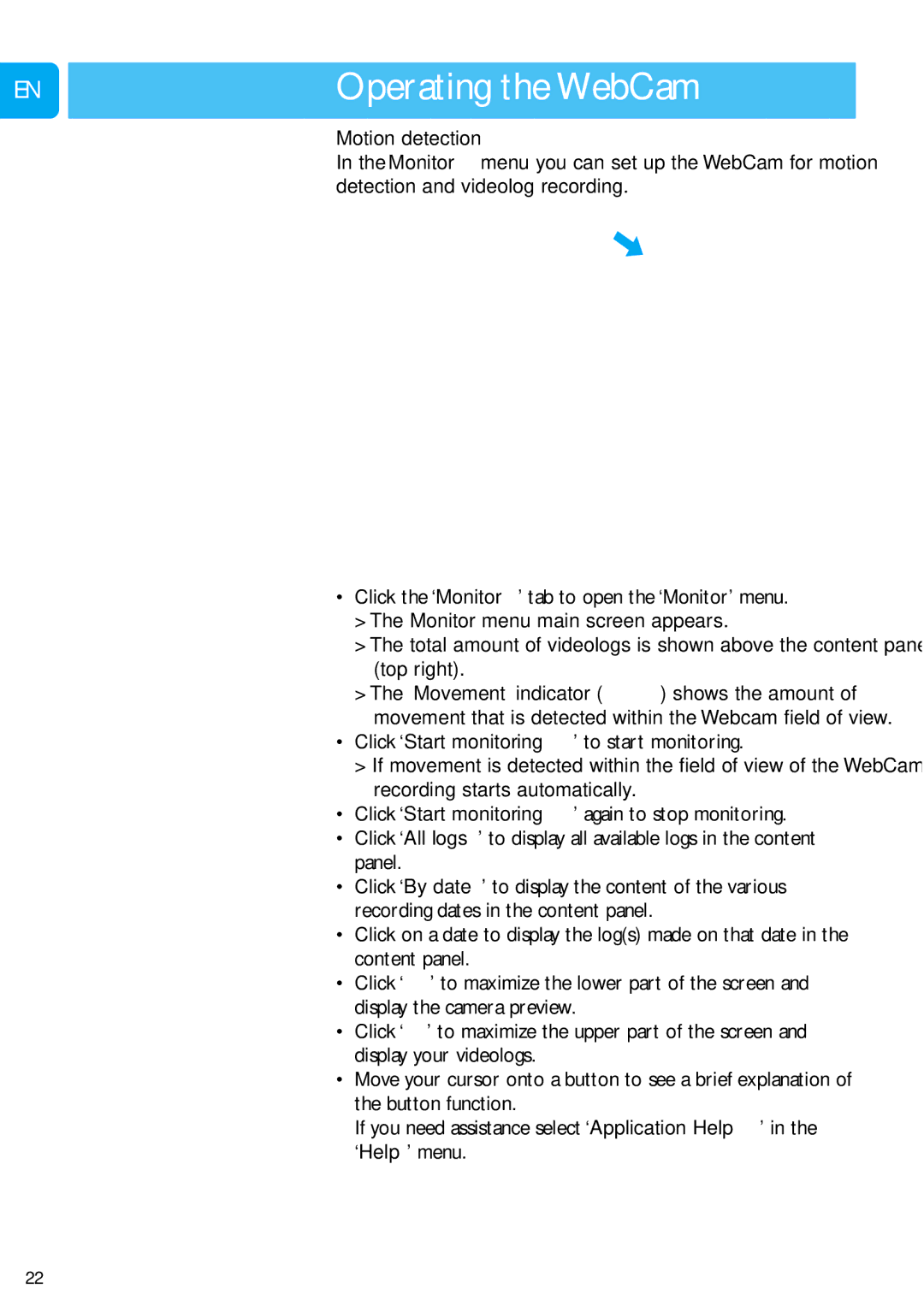 Philips SPC1300NC/00 user manual Motion detection, Click ‘Start monitoring’ to start monitoring 