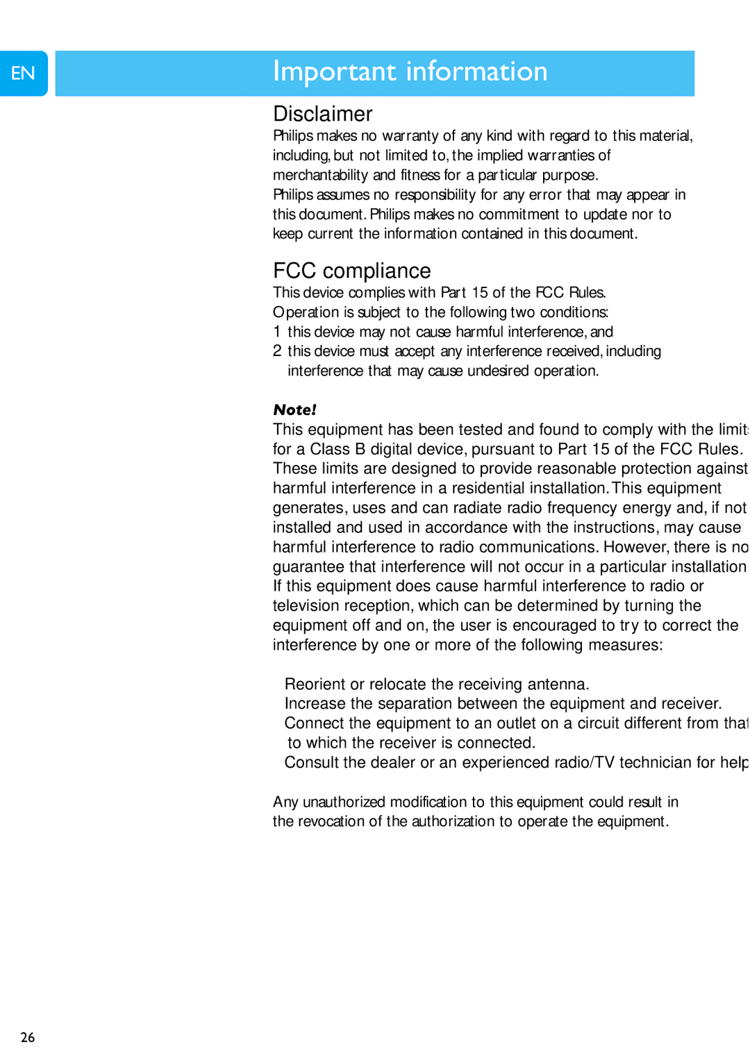 Philips SPC1300NC/00 user manual Important information Chapter, Disclaimer, FCC compliance 