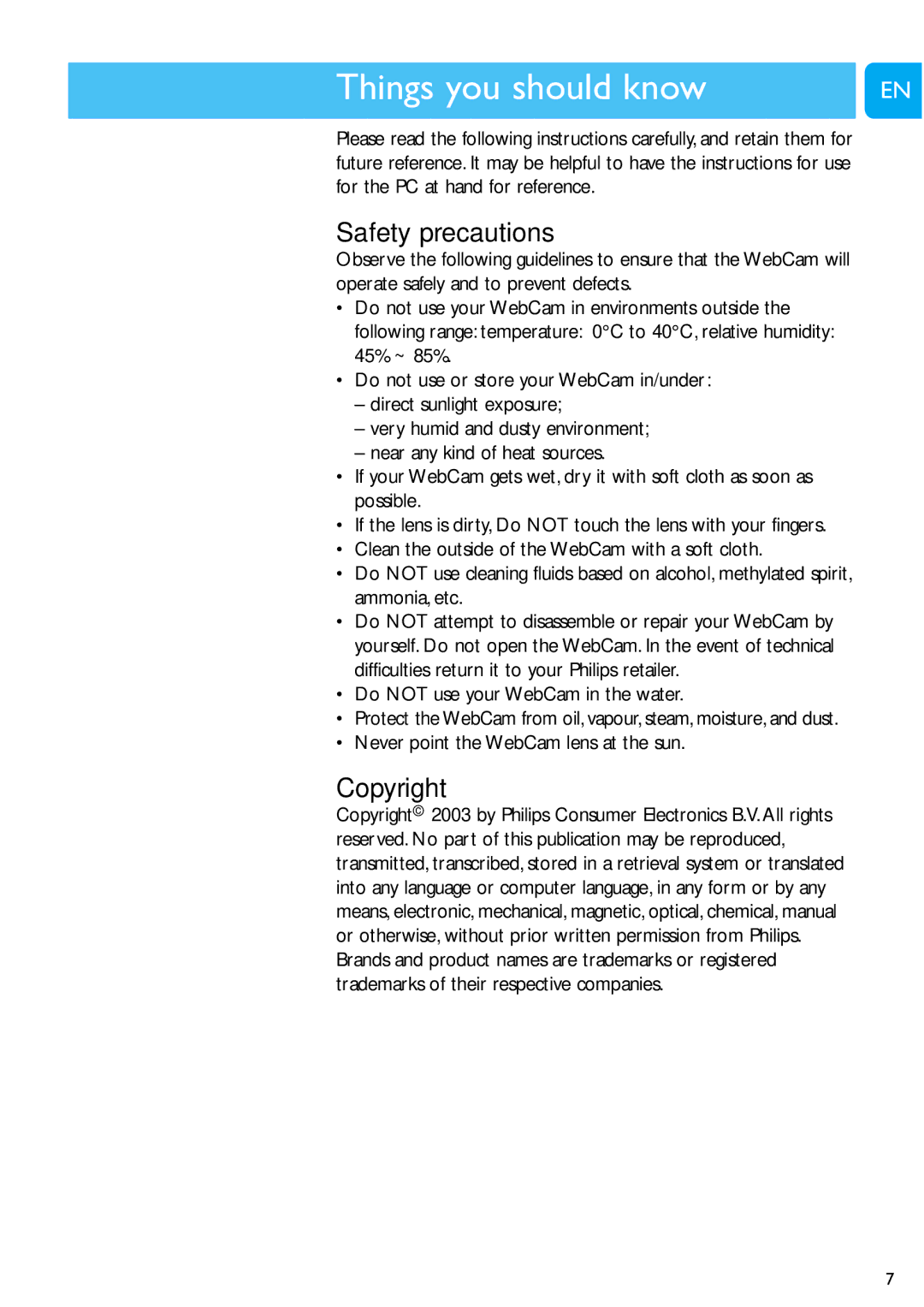 Philips SPC1300NC/00 user manual Things you should know Chapter, Safety precautions, Copyright 