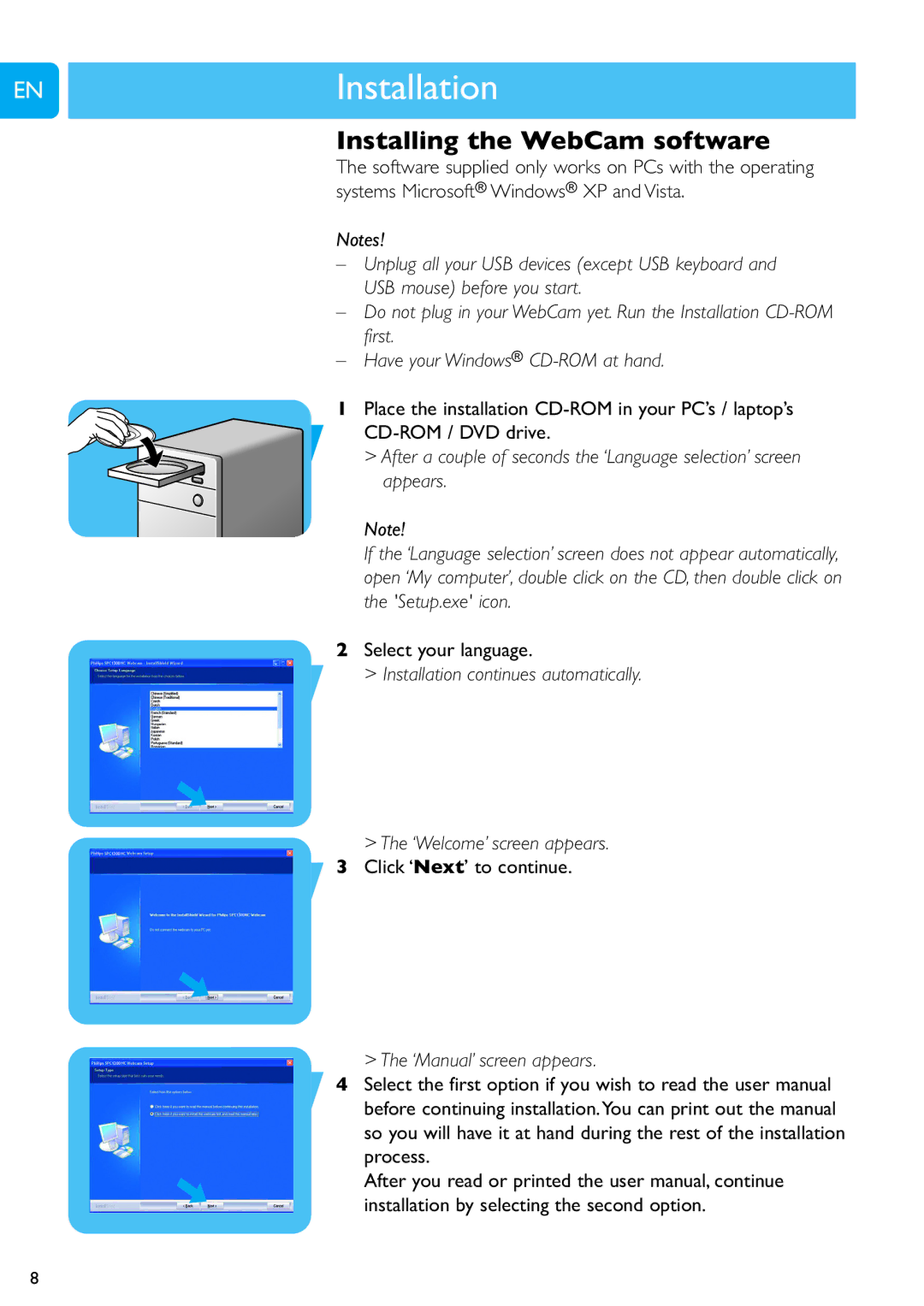 Philips SPC1300NC/00 user manual Installing the WebCam software, Select your language 