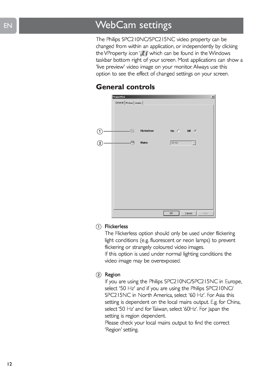 Philips SPC210NC, SPC215NC user manual WebCam settings, General controls 