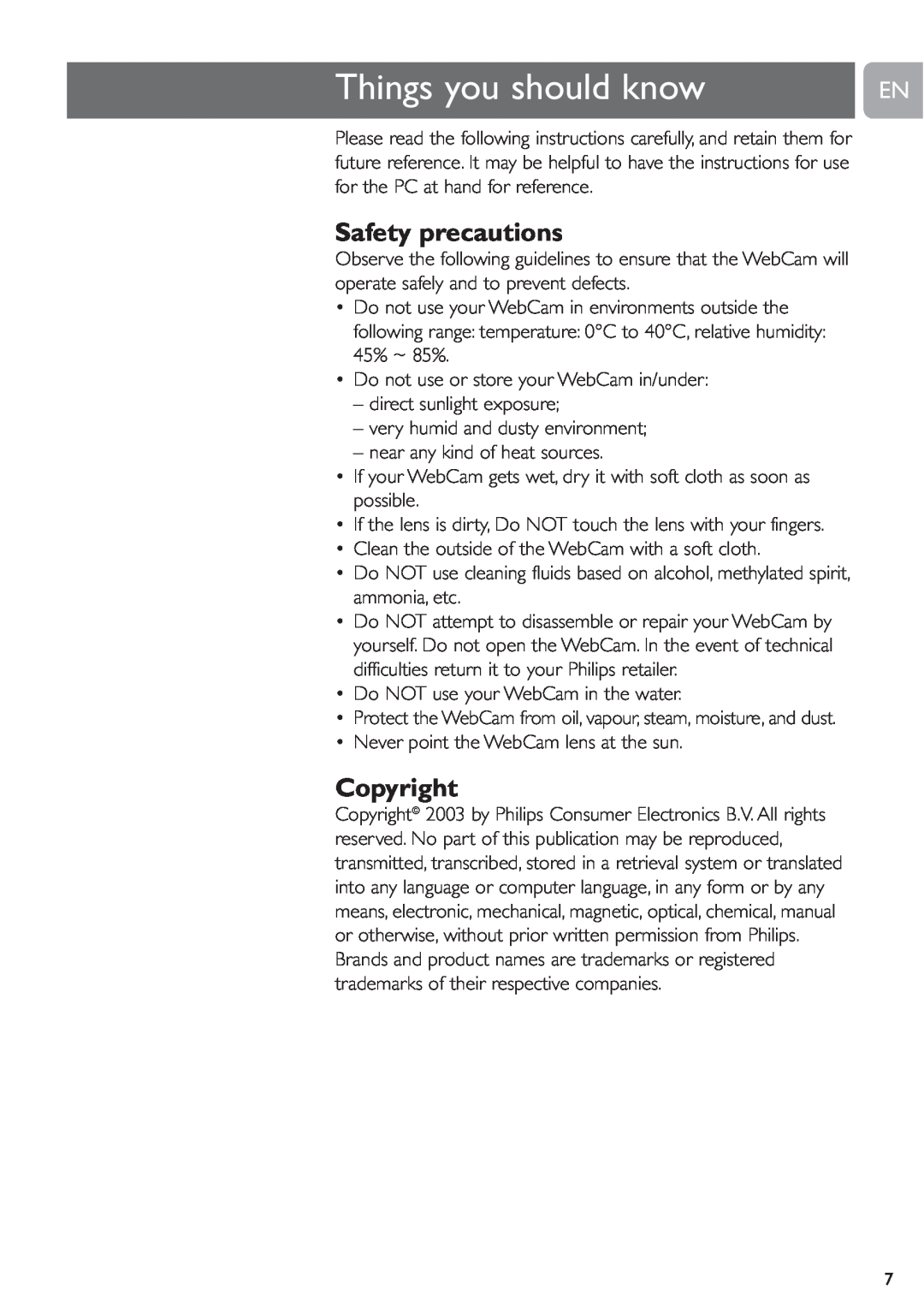 Philips SPC215NC, SPC210NC user manual Things you should know, Safety precautions, Copyright 