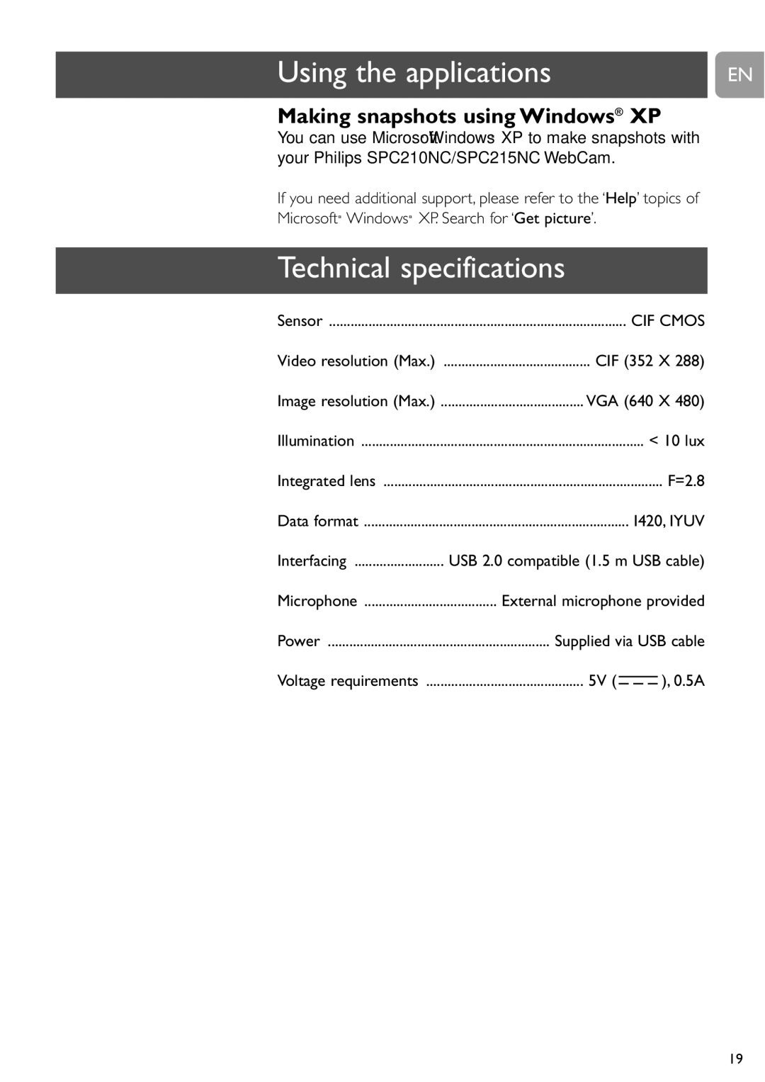 Philips SPC215NC, SPC210NC user manual Technical specifications, Making snapshots using Windows XP 