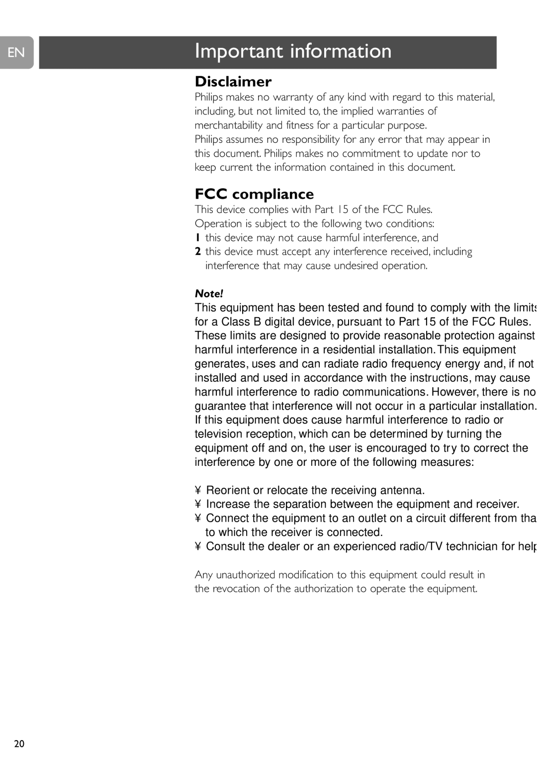 Philips SPC210NC, SPC215NC user manual Important information, Disclaimer, FCC compliance 