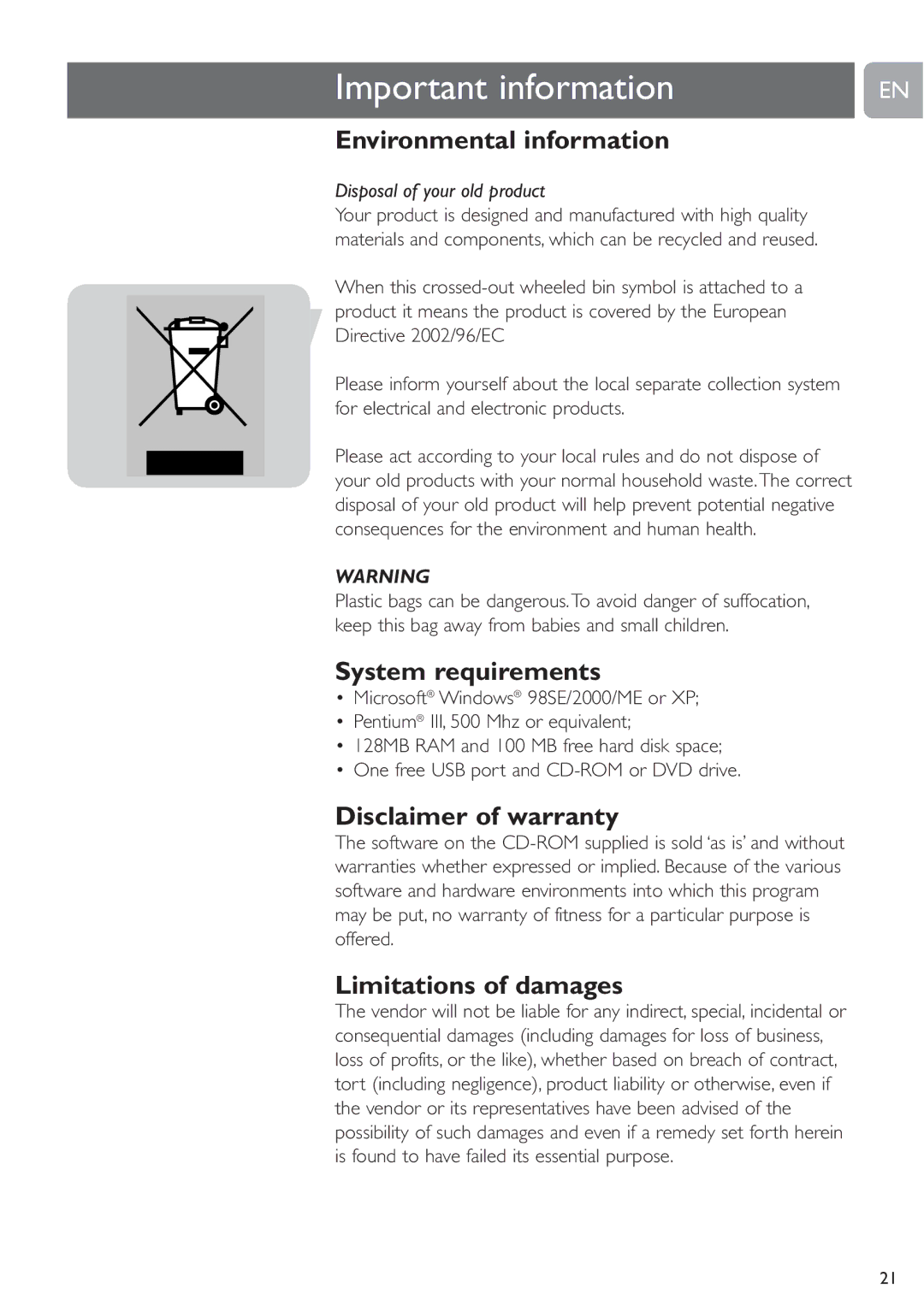 Philips SPC215NC, SPC210NC Environmental information, System requirements, Disclaimer of warranty, Limitations of damages 