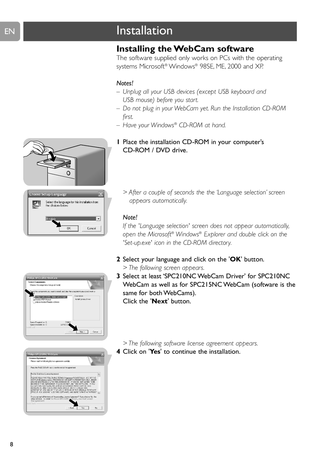 Philips SPC210NC, SPC215NC user manual ENInstallation, Installing the WebCam software 