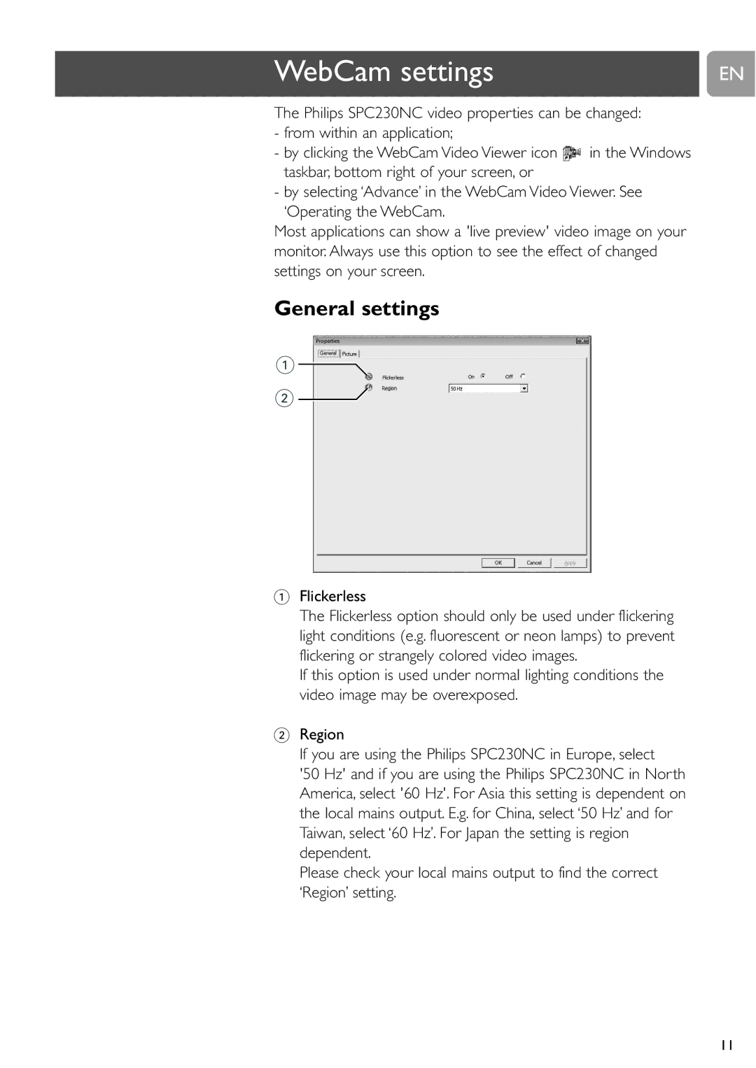 Philips SPC230NC user manual WebCam settings, General settings, Flickerless 