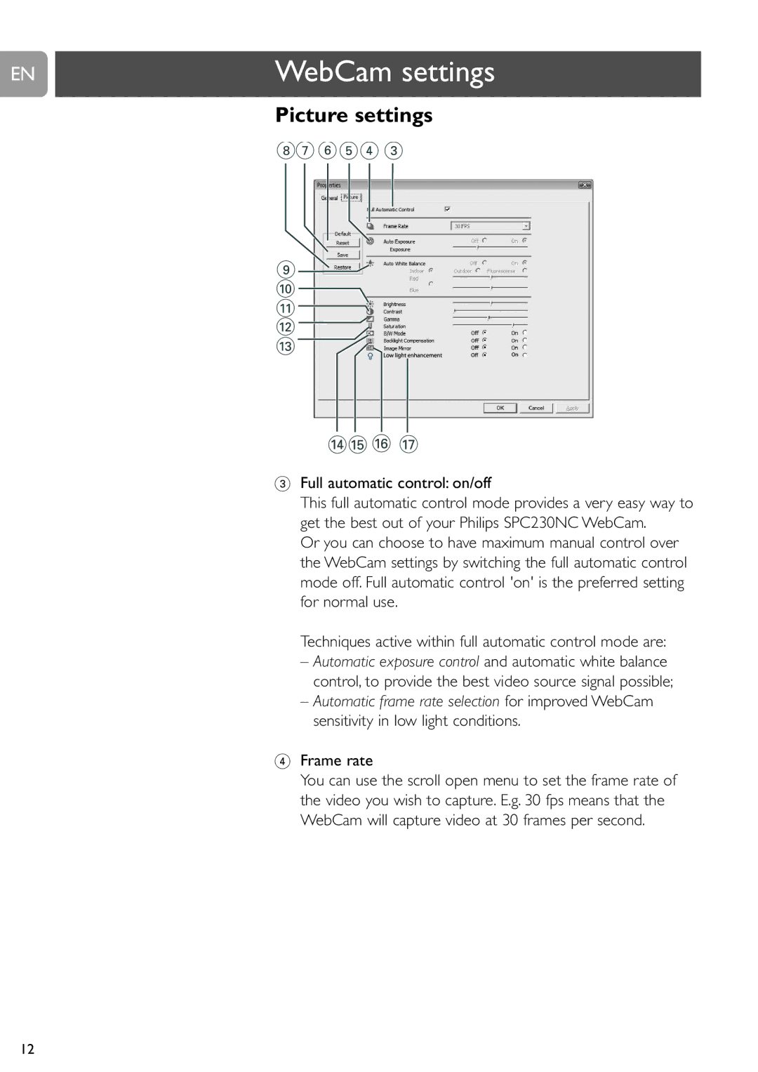 Philips SPC230NC user manual Picture settings, Full automatic control on/off, Frame rate 