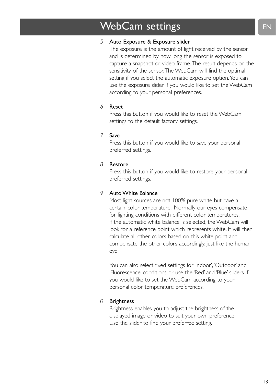 Philips SPC230NC user manual Auto Exposure & Exposure slider, Brightness 