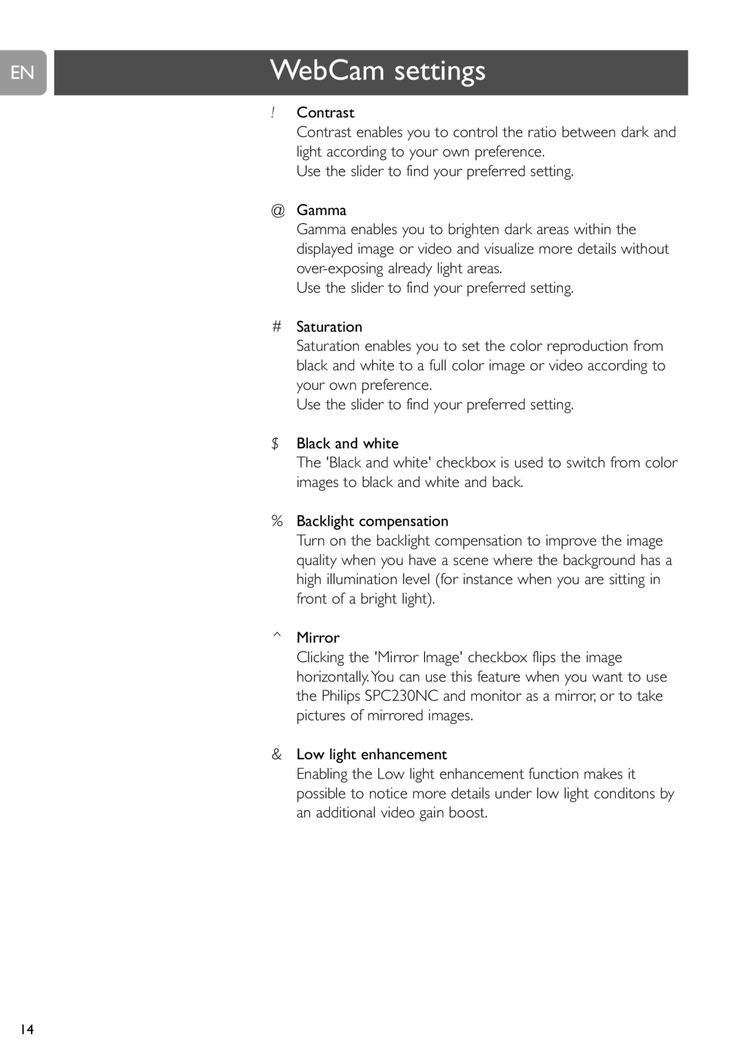 Philips SPC230NC user manual WebCam settings 