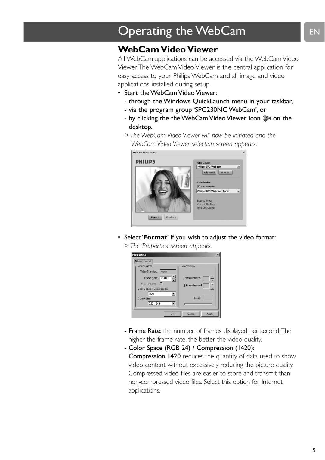 Philips SPC230NC user manual Operating the WebCam, WebCam Video Viewer 