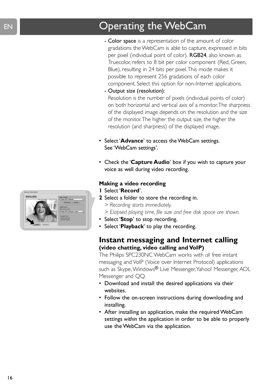 Philips SPC230NC user manual Instant messaging and Internet calling 