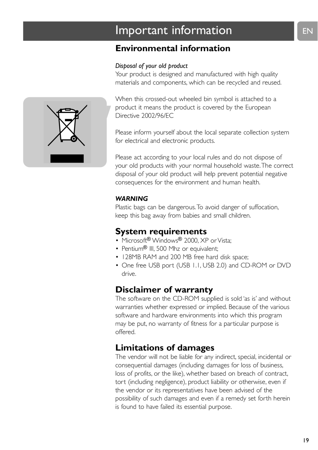 Philips SPC230NC user manual Environmental information, System requirements, Disclaimer of warranty, Limitations of damages 