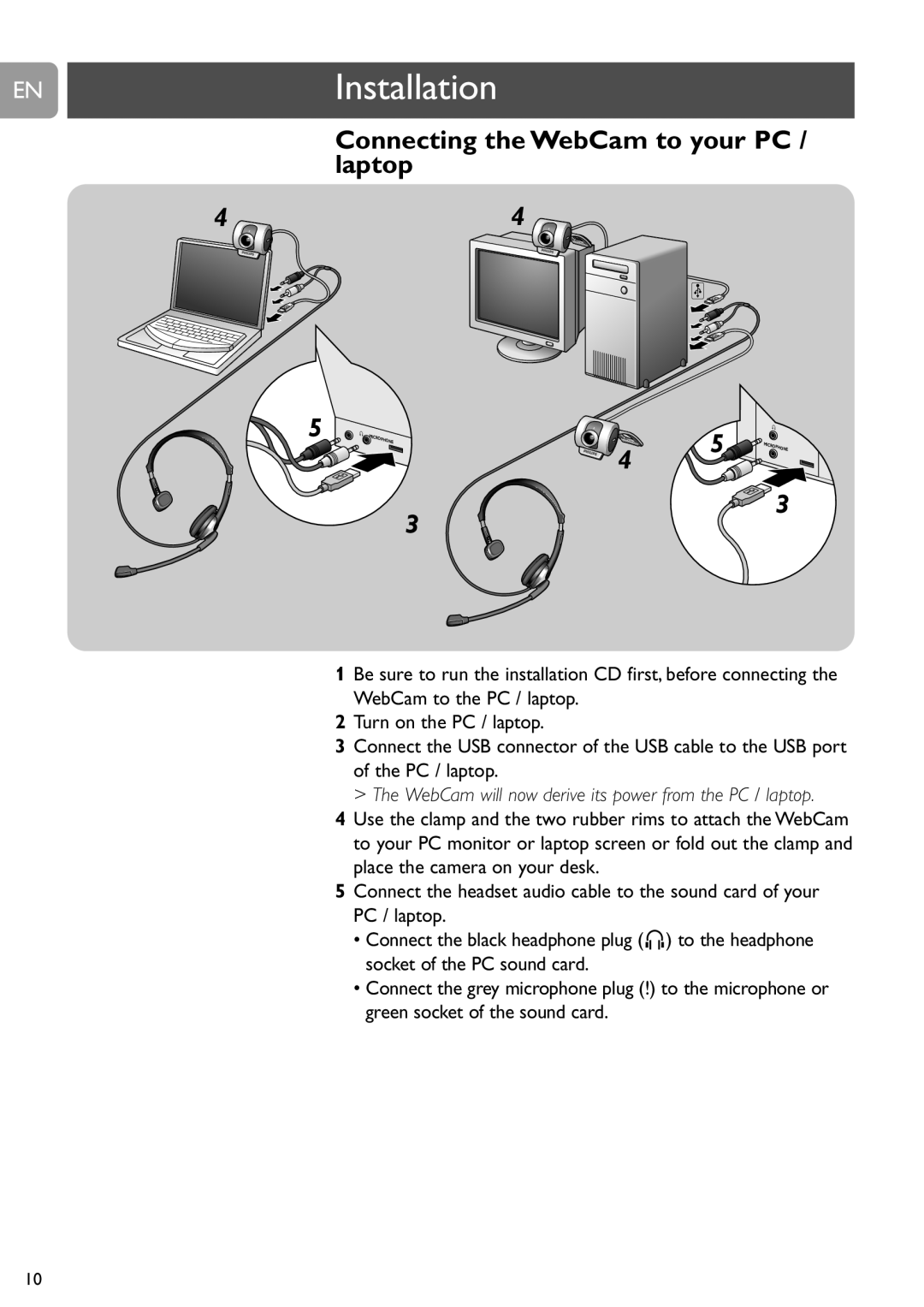 Philips SPC315NC Connecting the WebCam to your PC / laptop, WebCam will now derive its power from the PC / laptop 