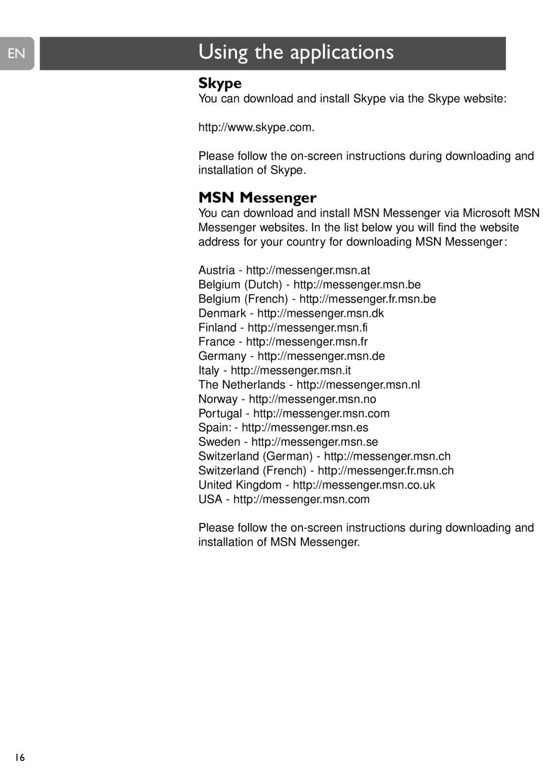 Philips SPC315NC user manual Skype, MSN Messenger 