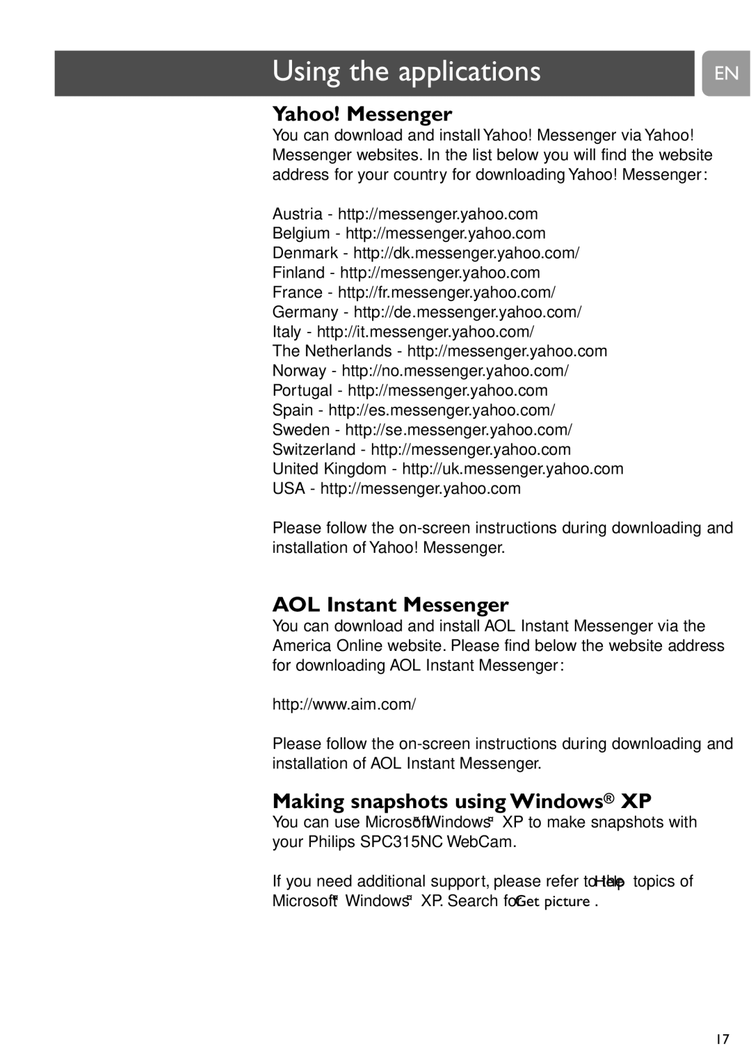 Philips SPC315NC user manual Yahoo! Messenger, AOL Instant Messenger, Making snapshots using Windows XP 