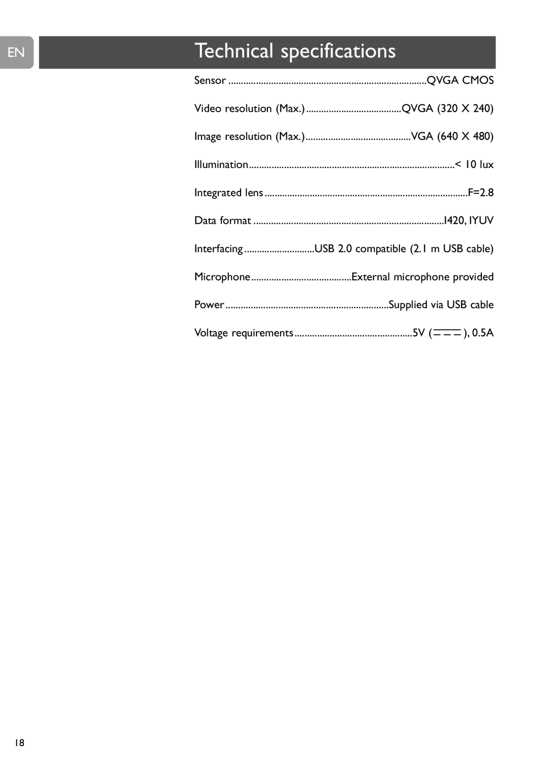 Philips SPC315NC user manual Technical specifications 