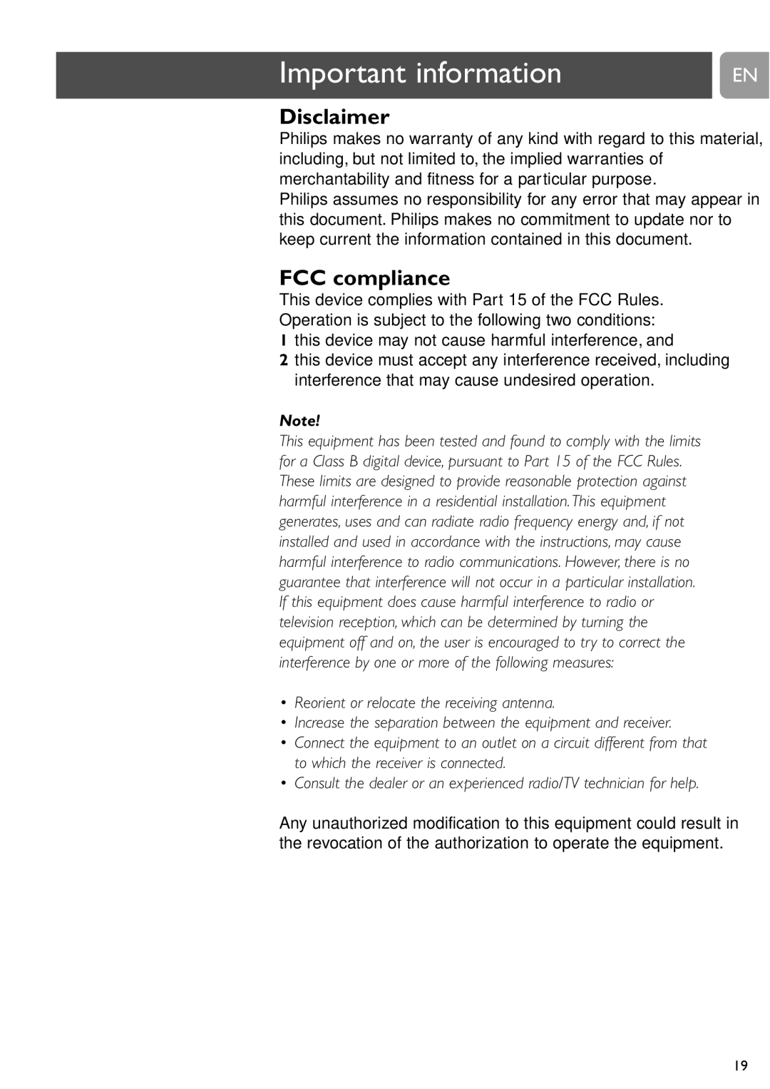 Philips SPC315NC Important information, Disclaimer, FCC compliance, This device may not cause harmful interference 