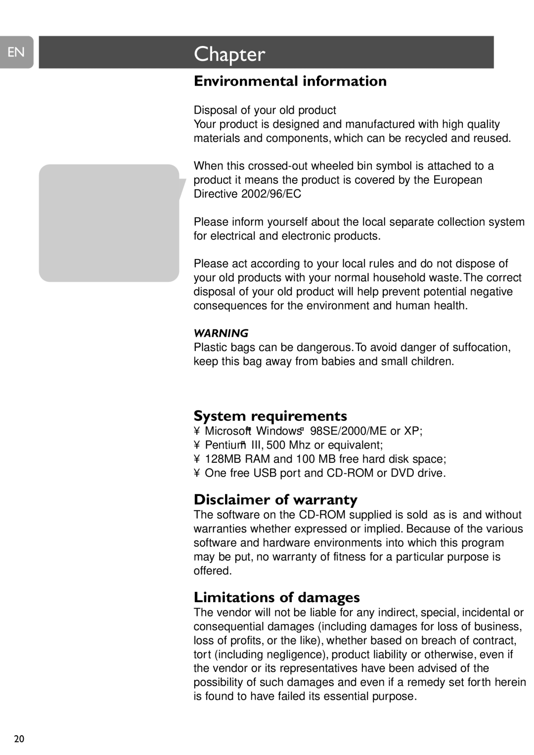 Philips SPC315NC ENChapter, Environmental information, System requirements, Disclaimer of warranty, Limitations of damages 