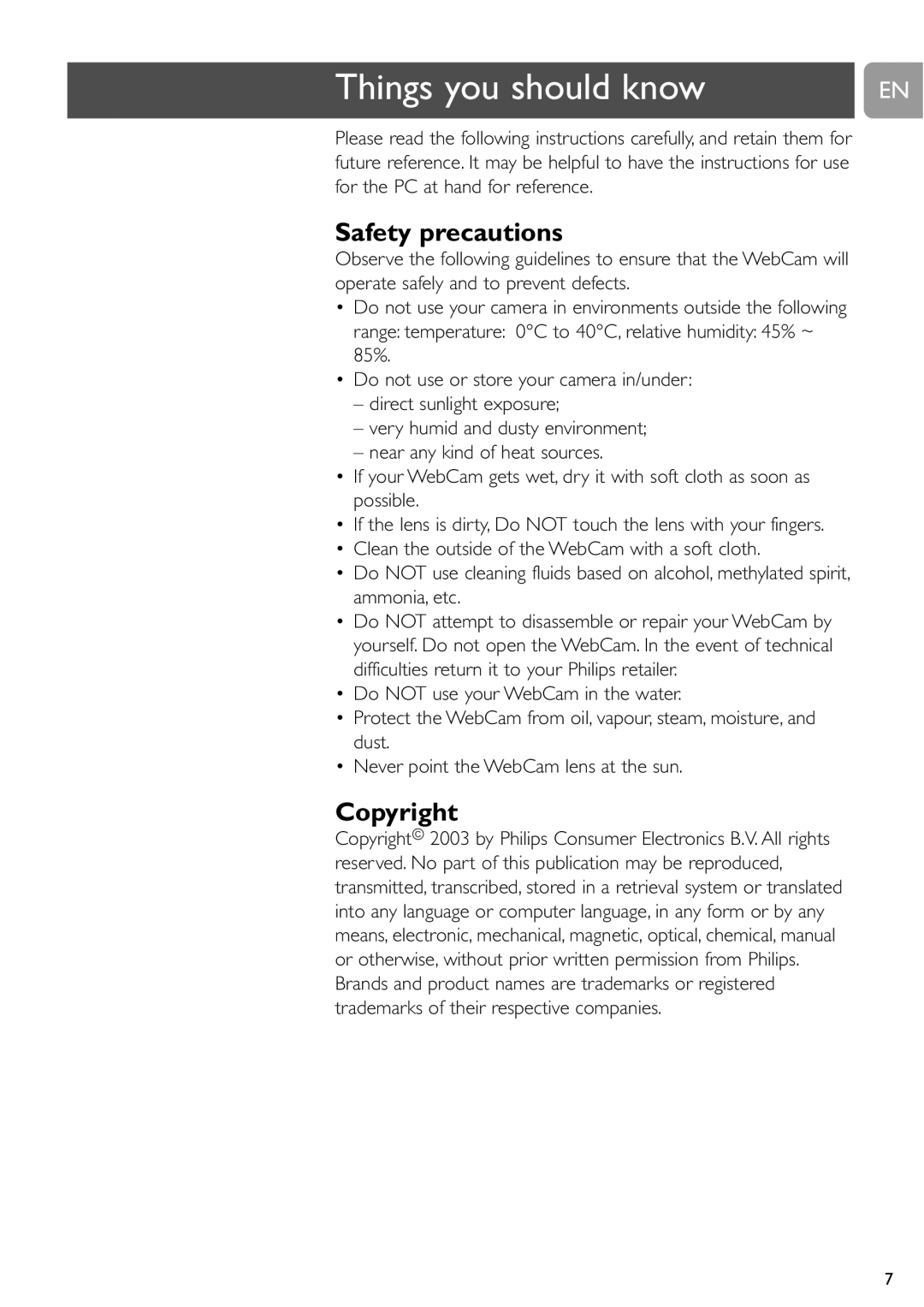 Philips SPC315NC user manual Things you should know, Safety precautions, Copyright 