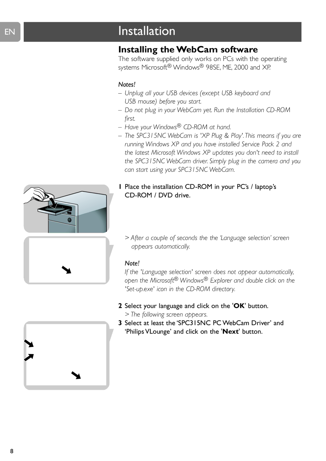 Philips SPC315NC user manual ENInstallation, Installing the WebCam software 