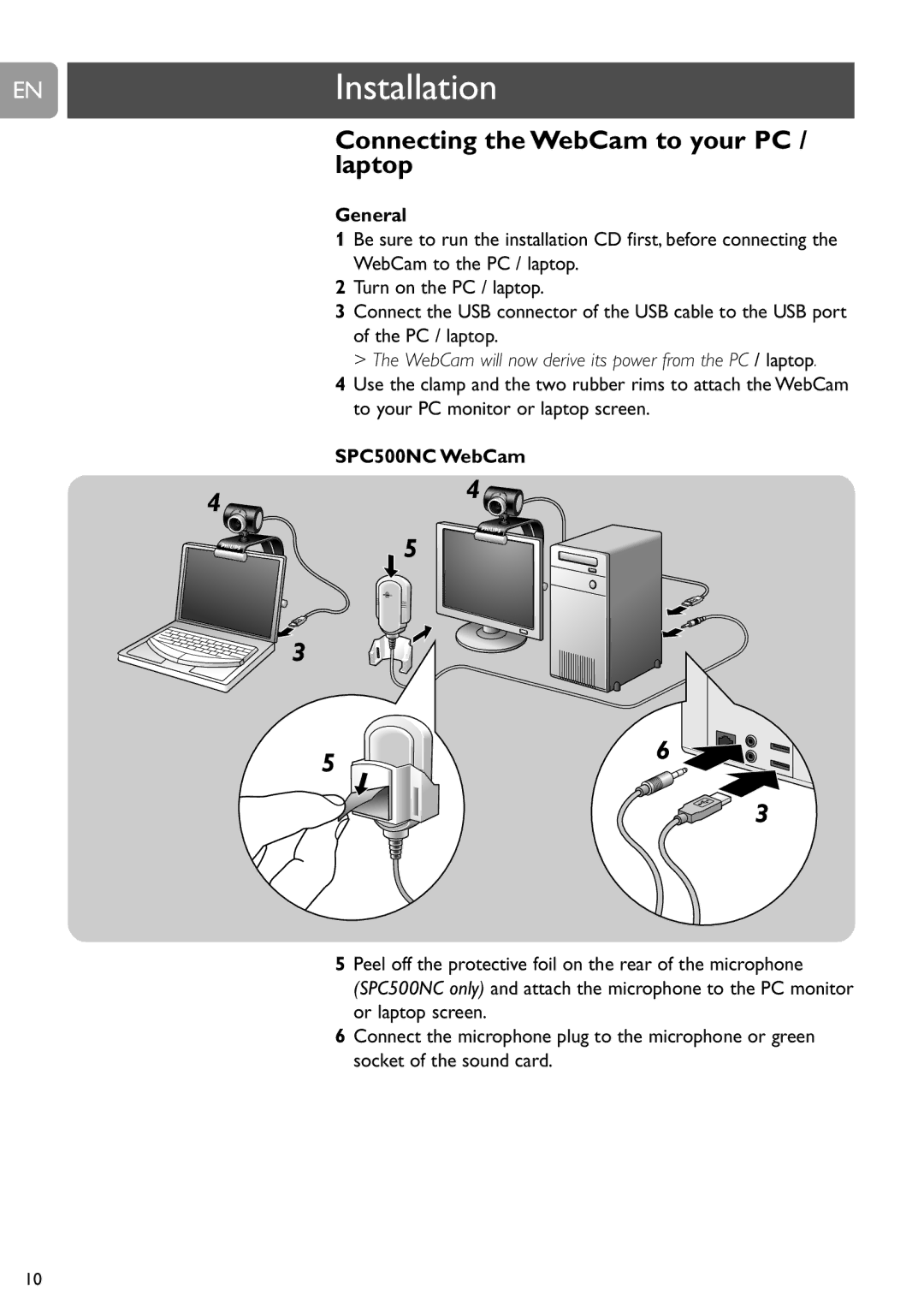 Philips SPC505NC/27 user manual Connecting the WebCam to your PC / laptop, General, SPC500NC WebCam 