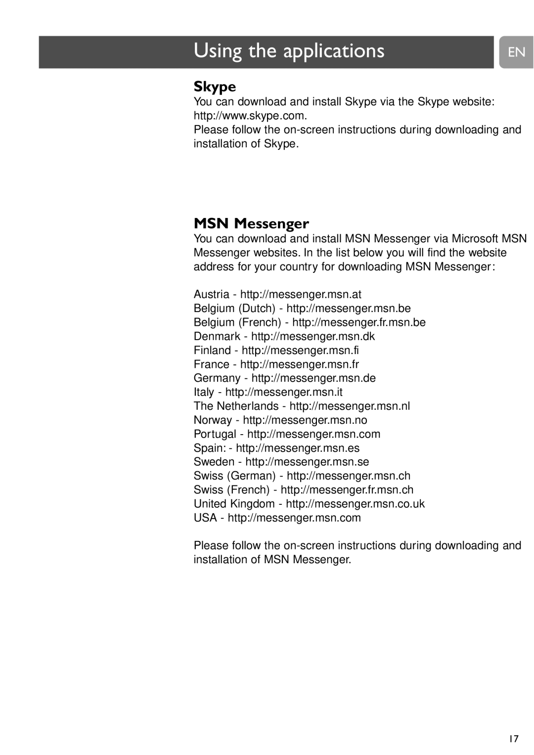 Philips SPC505NC/27 user manual Skype, MSN Messenger 