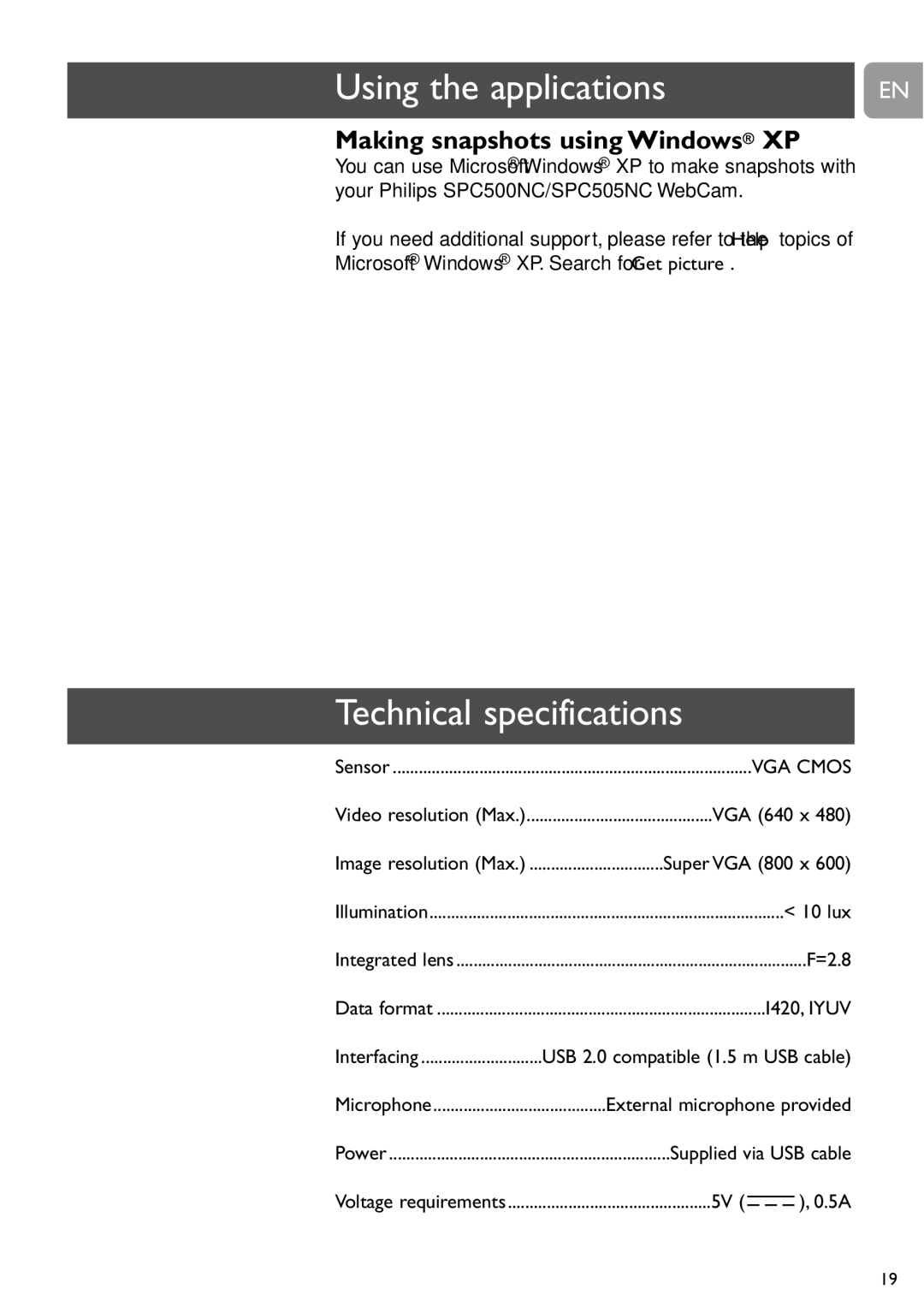 Philips SPC505NC/27 user manual Technical specifications, Making snapshots using Windows XP 