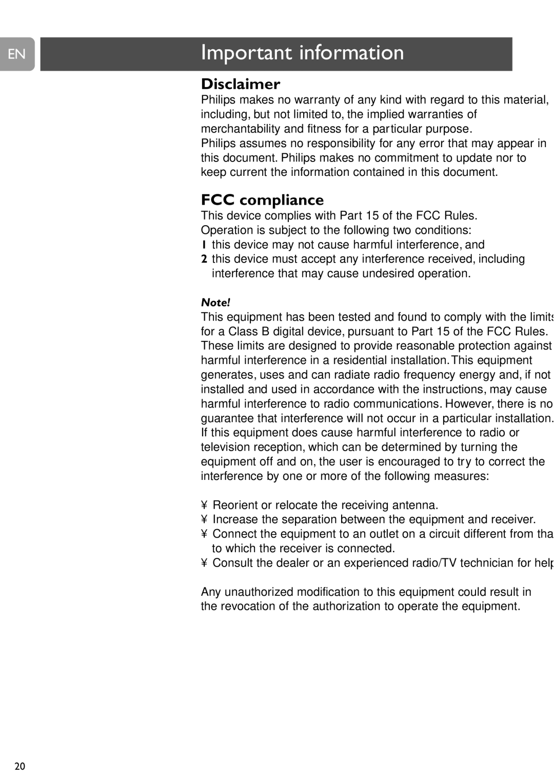 Philips SPC505NC/27 user manual Important information, Disclaimer, FCC compliance 