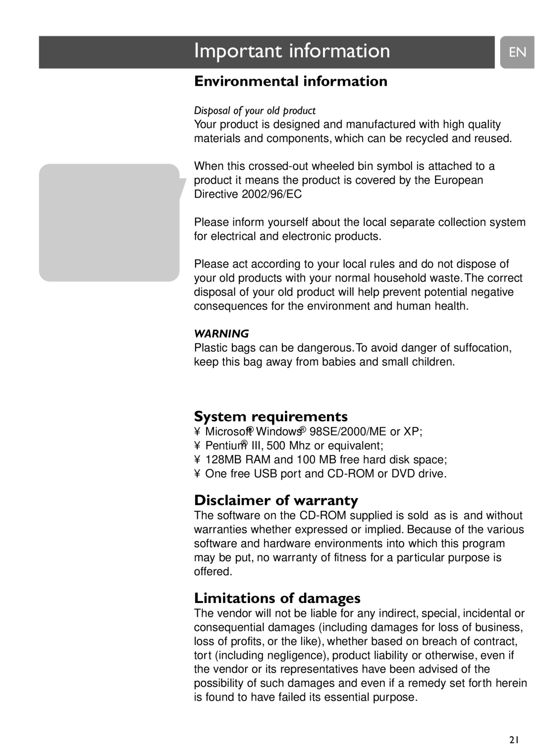 Philips SPC505NC user manual Environmental information, System requirements, Disclaimer of warranty, Limitations of damages 