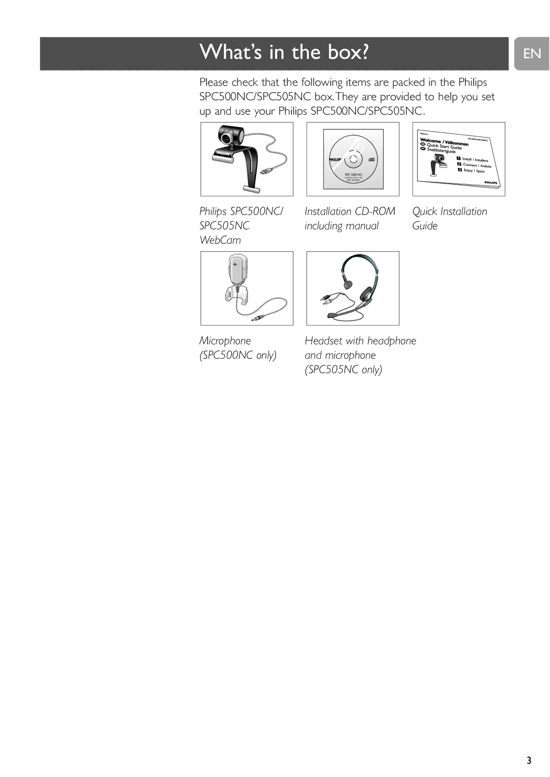 Philips SPC505NC/27 user manual What’s in the box? 