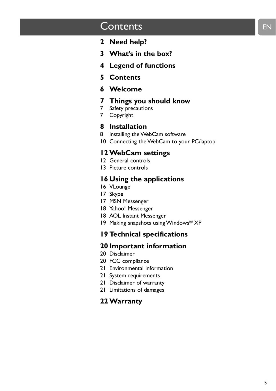 Philips SPC505NC/27 user manual Contents 