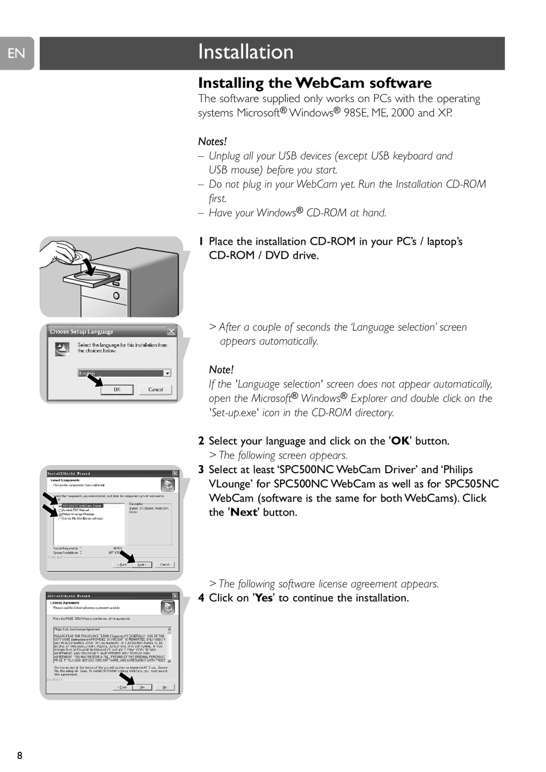 Philips SPC505NC/27 user manual ENInstallation, Installing the WebCam software 