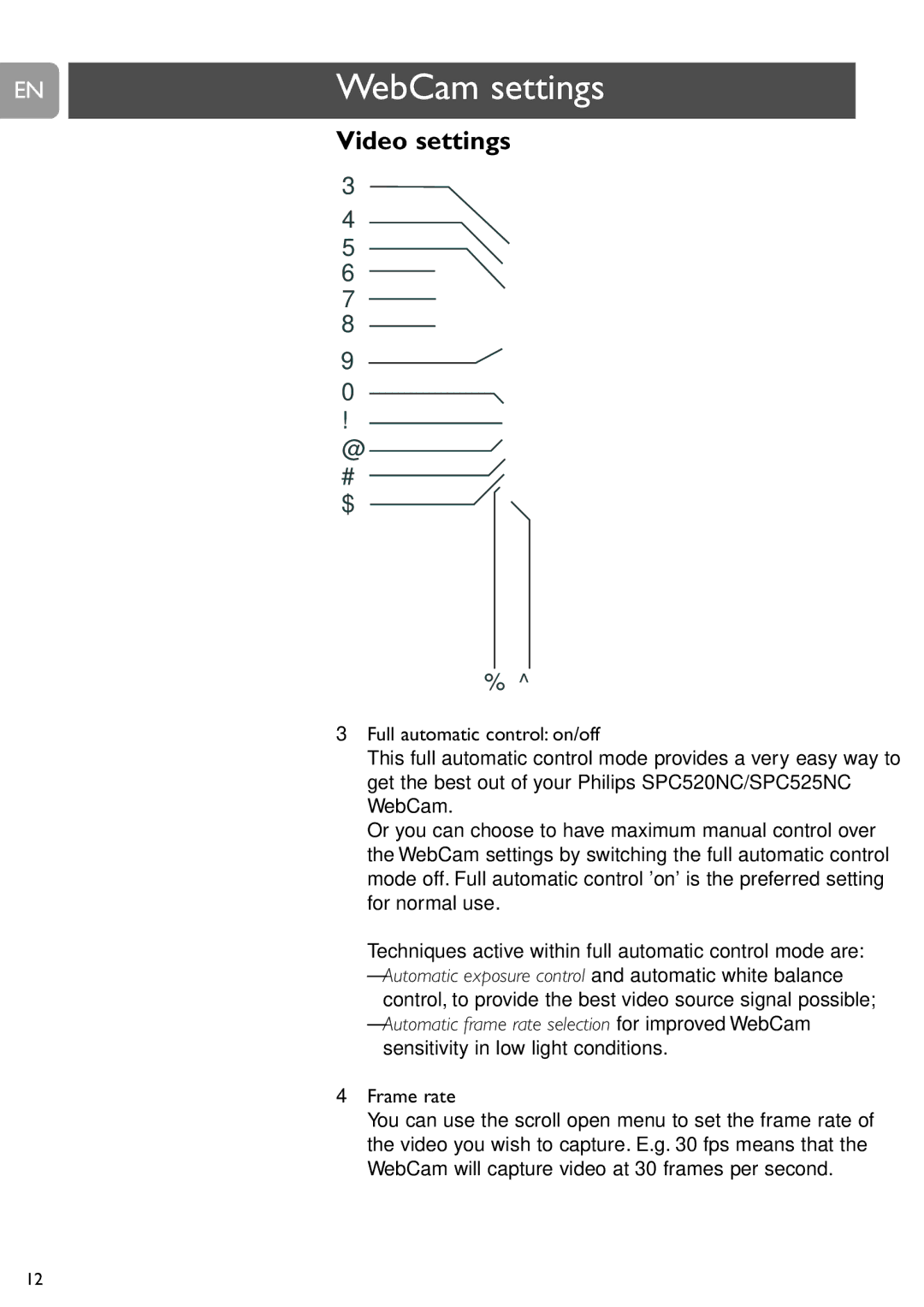 Philips SPC525NC, SPC520NC user manual ENWebCam settings, Video settings, Frame rate 