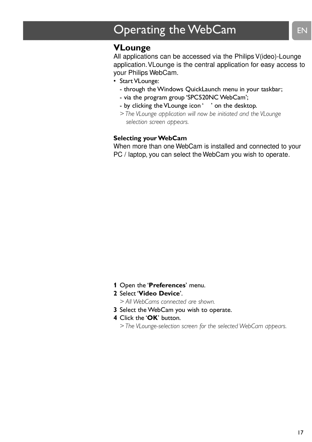 Philips SPC520NC, SPC525NC Operating the WebCam, VLounge, Open the ‘Preferences’ menu, All WebCams connected are shown 