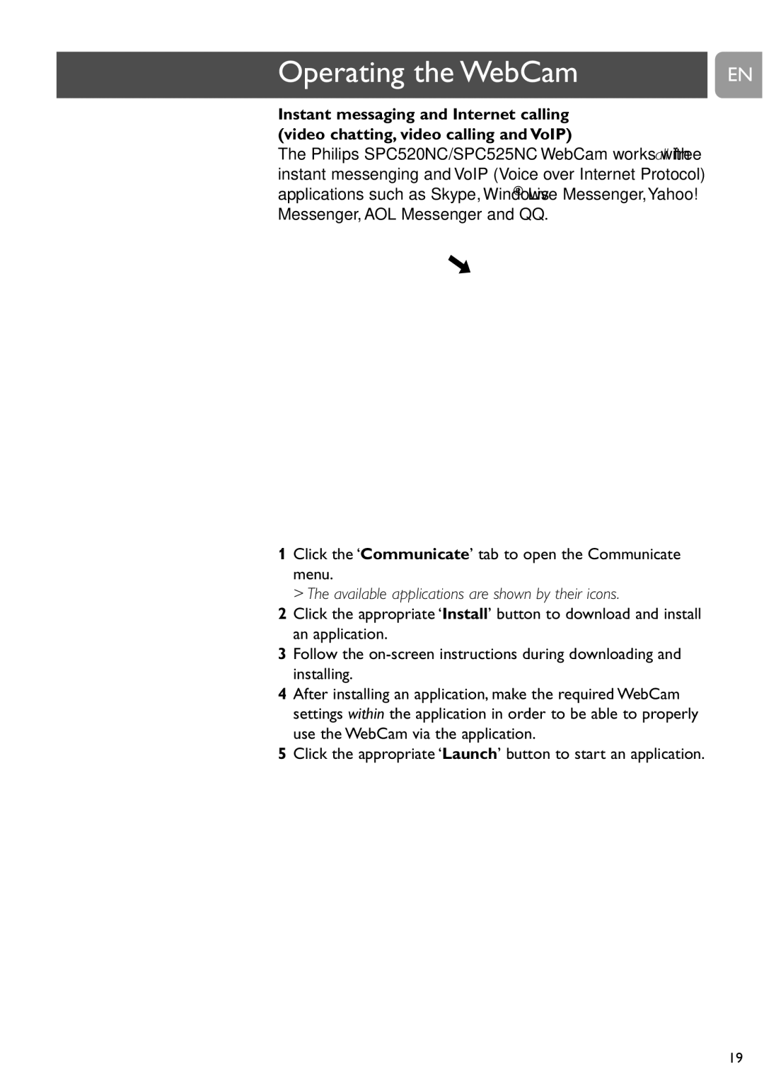 Philips SPC520NC, SPC525NC user manual Available applications are shown by their icons 