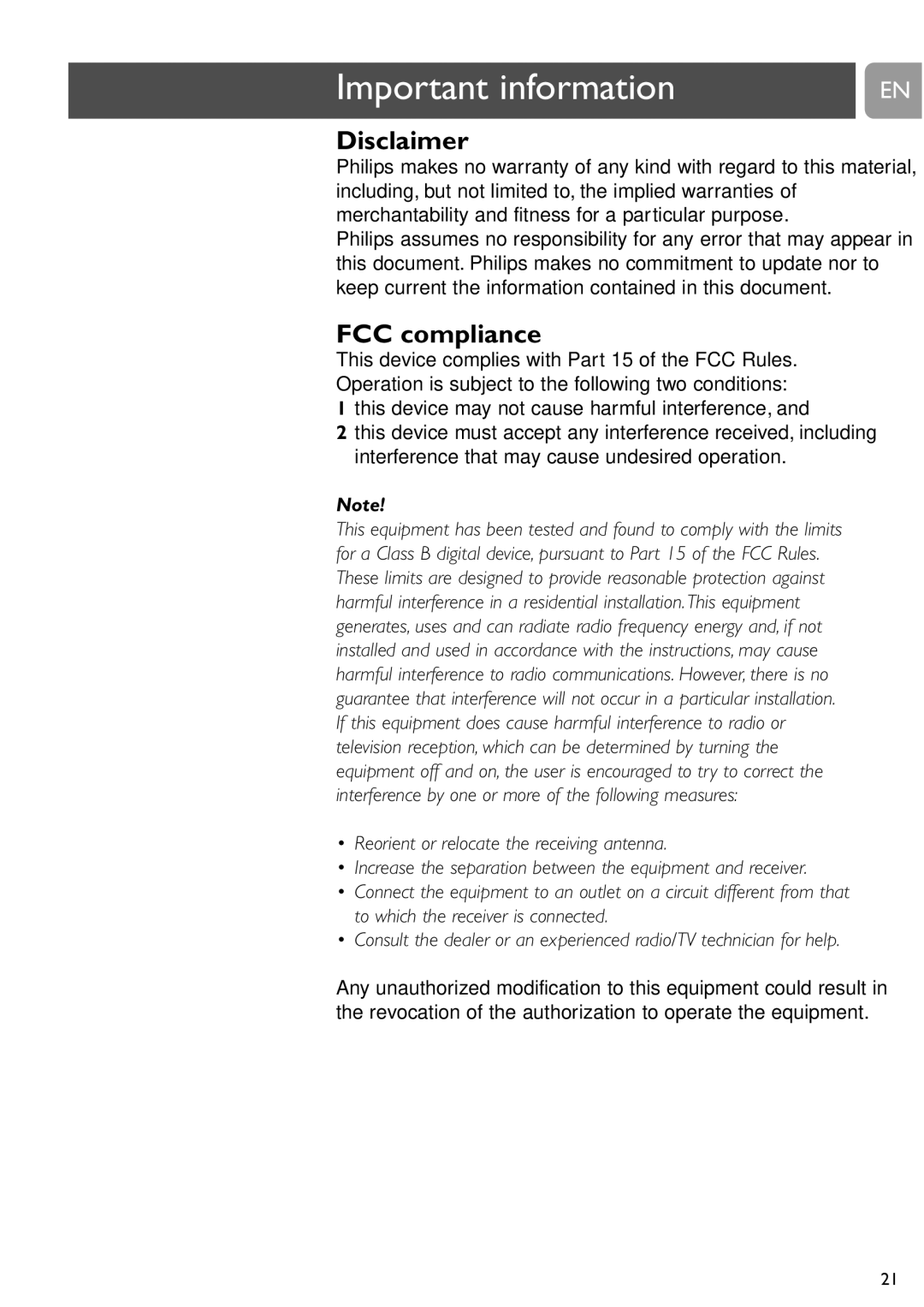 Philips SPC520NC Important information, Disclaimer, FCC compliance, This device may not cause harmful interference 