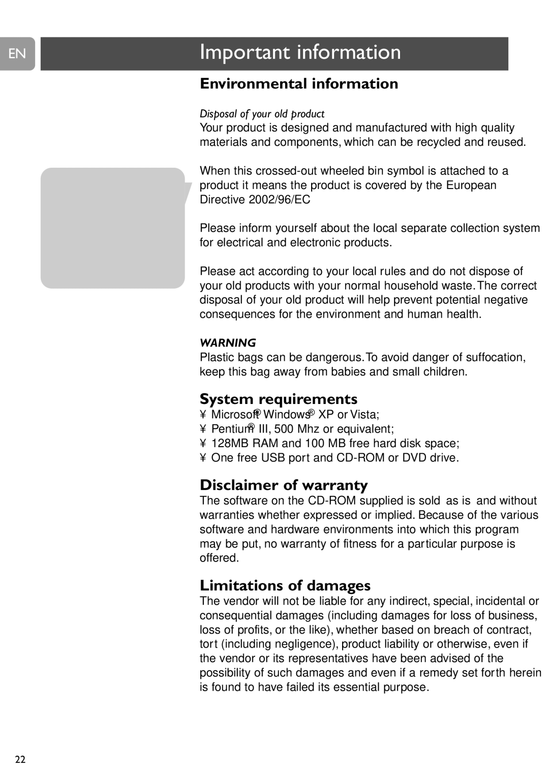 Philips SPC525NC, SPC520NC Environmental information, System requirements, Disclaimer of warranty, Limitations of damages 