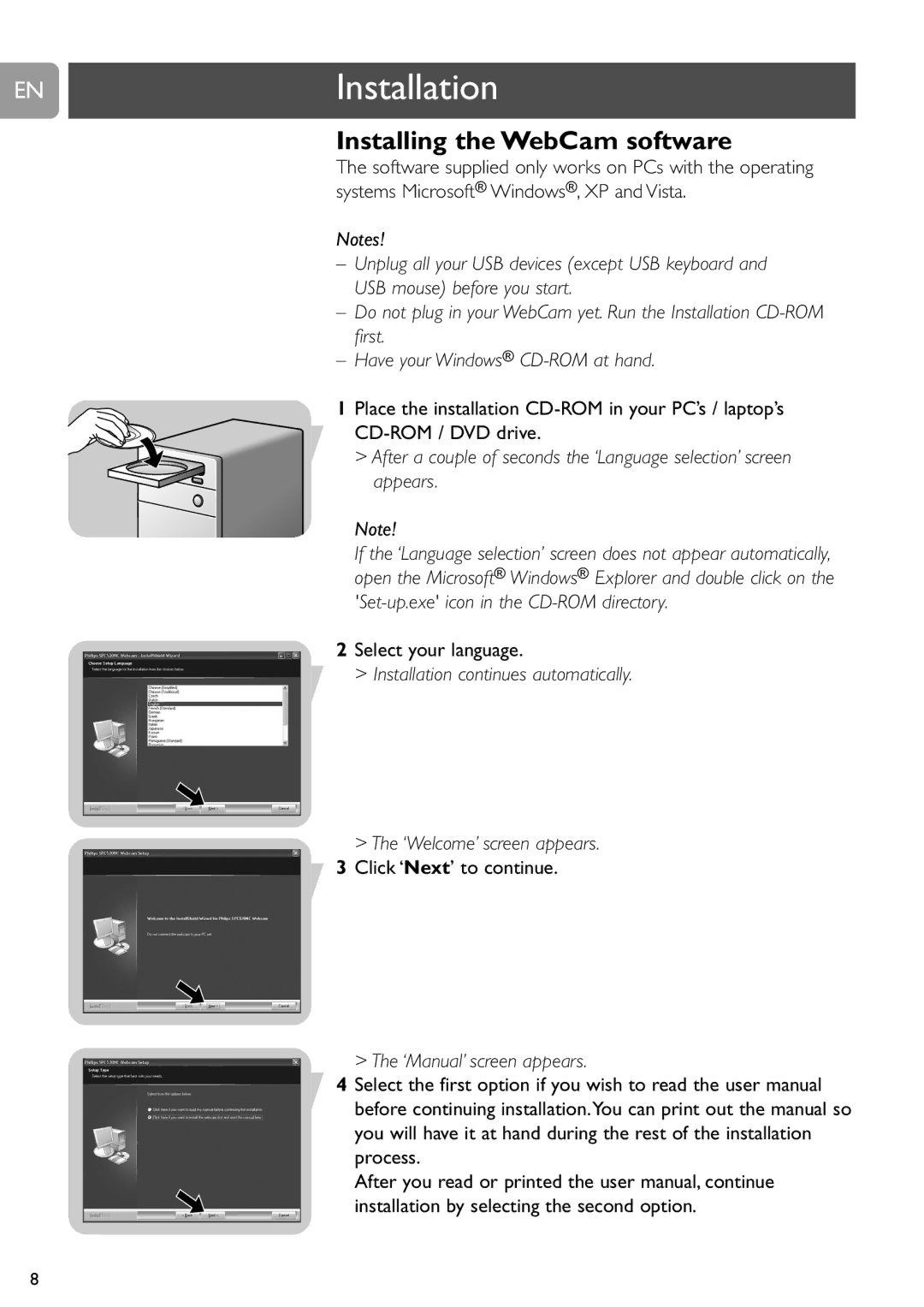 Philips SPC525NC, SPC520NC ENInstallation, Installing the WebCam software, Select your language, ‘Manual’ screen appears 