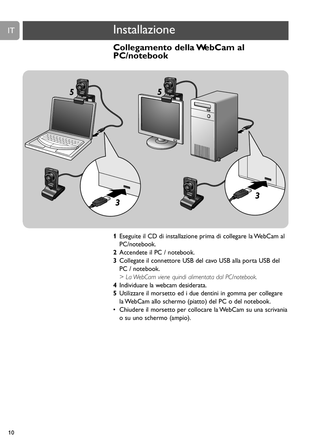 Philips SPC530NC/27 manual Collegamento della WebCam al PC/notebook, La WebCam viene quindi alimentata dal PC/notebook 