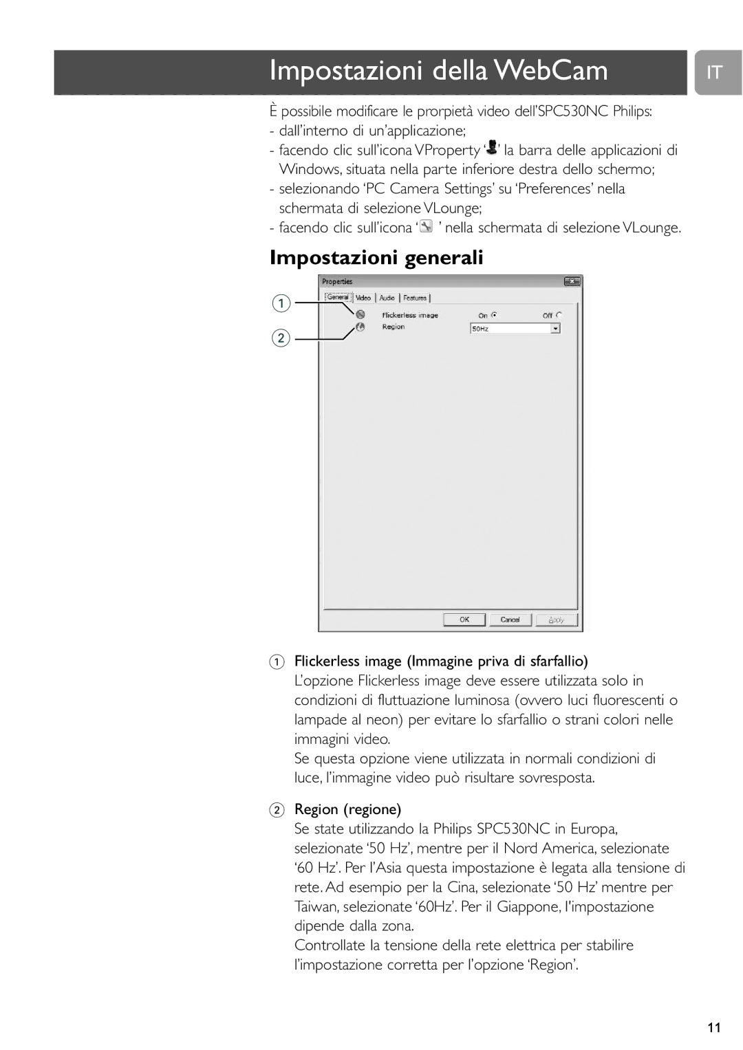 Philips SPC530NC/27 manual Impostazioni della WebCam, Impostazioni generali, Region regione 