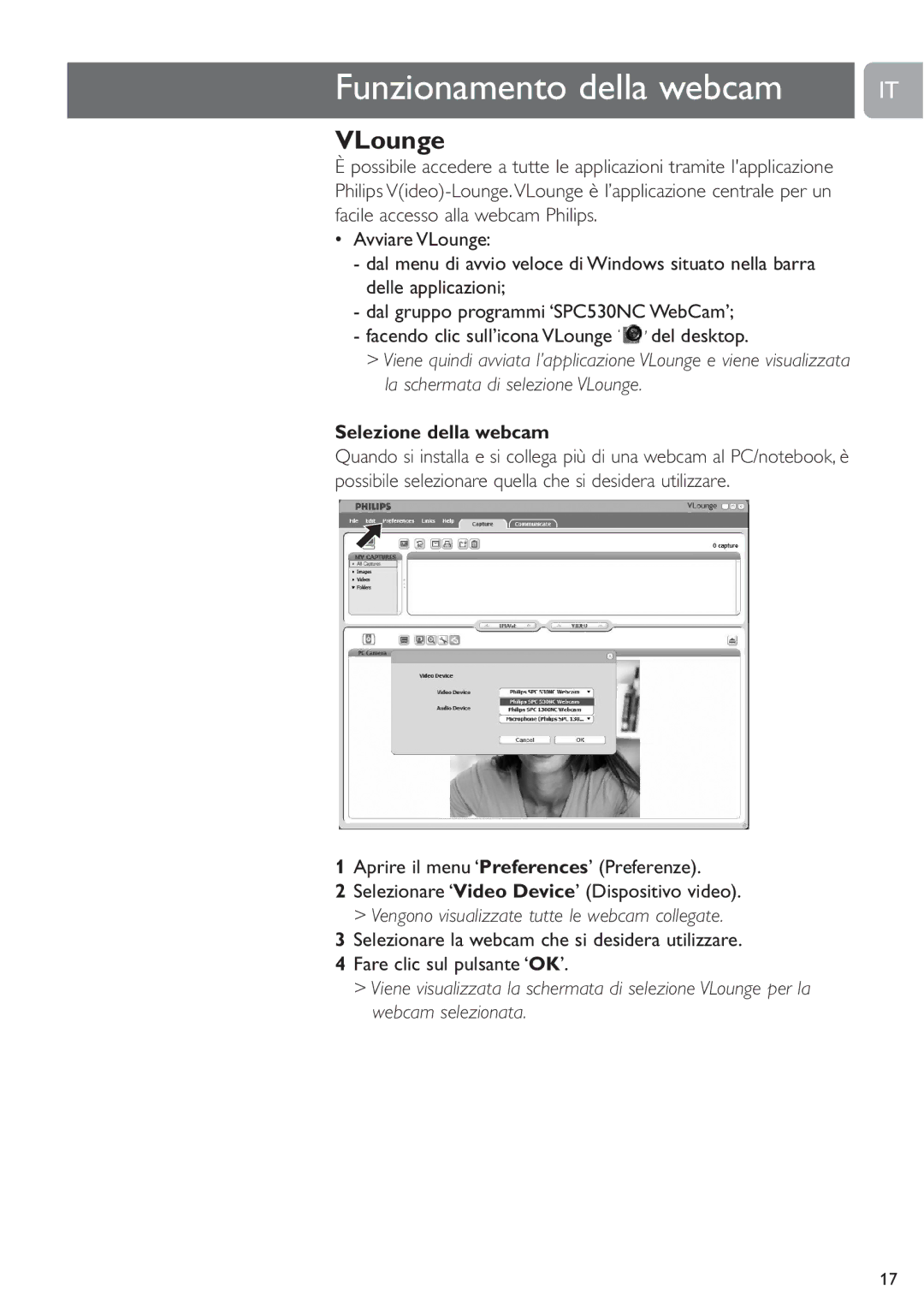 Philips SPC530NC/27 manual Funzionamento della webcam, VLounge, Selezione della webcam 