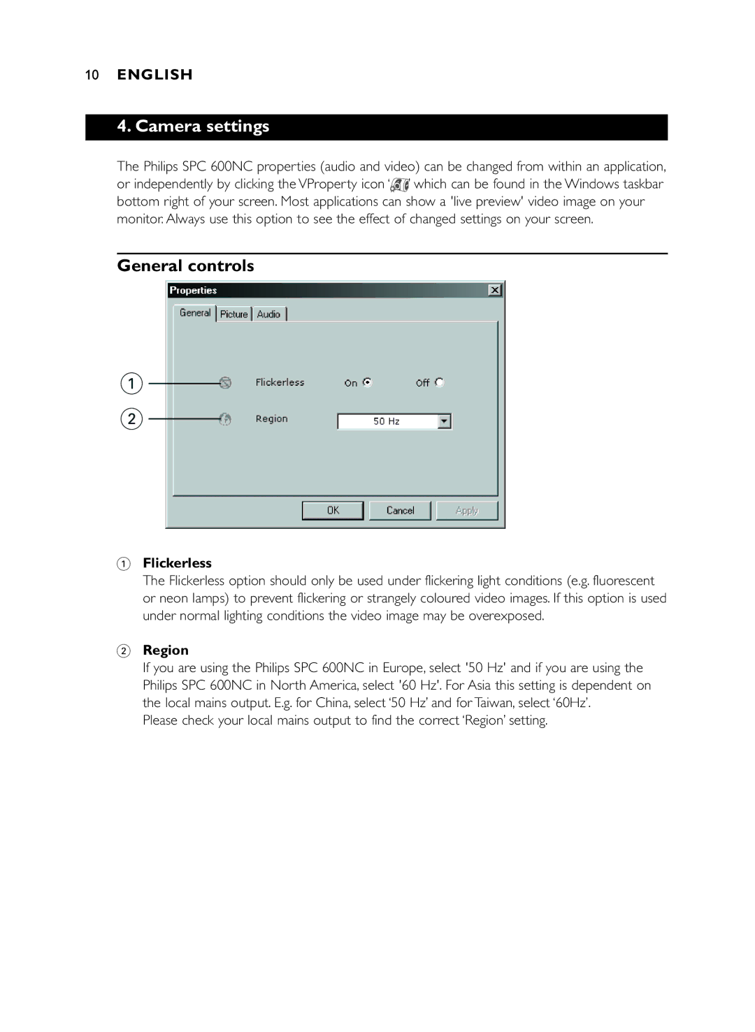 Philips SPC600NC/37 manual Camera settings, General controls, Flickerless, Region 