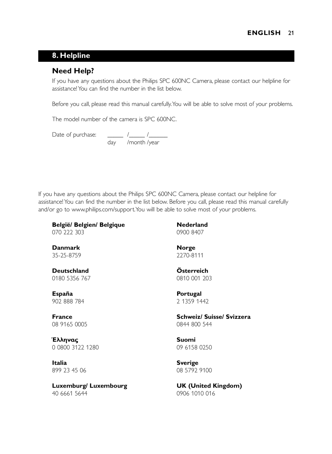 Philips SPC600NC/37 manual Helpline, Need Help? 