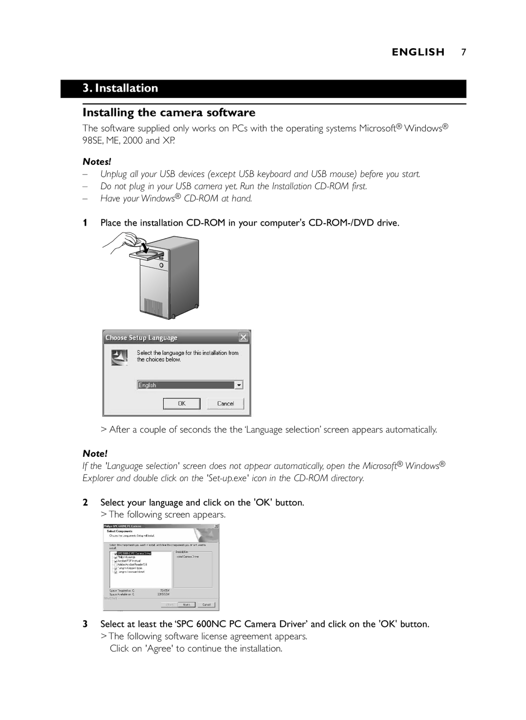 Philips SPC600NC/37 manual Installation, Installing the camera software 