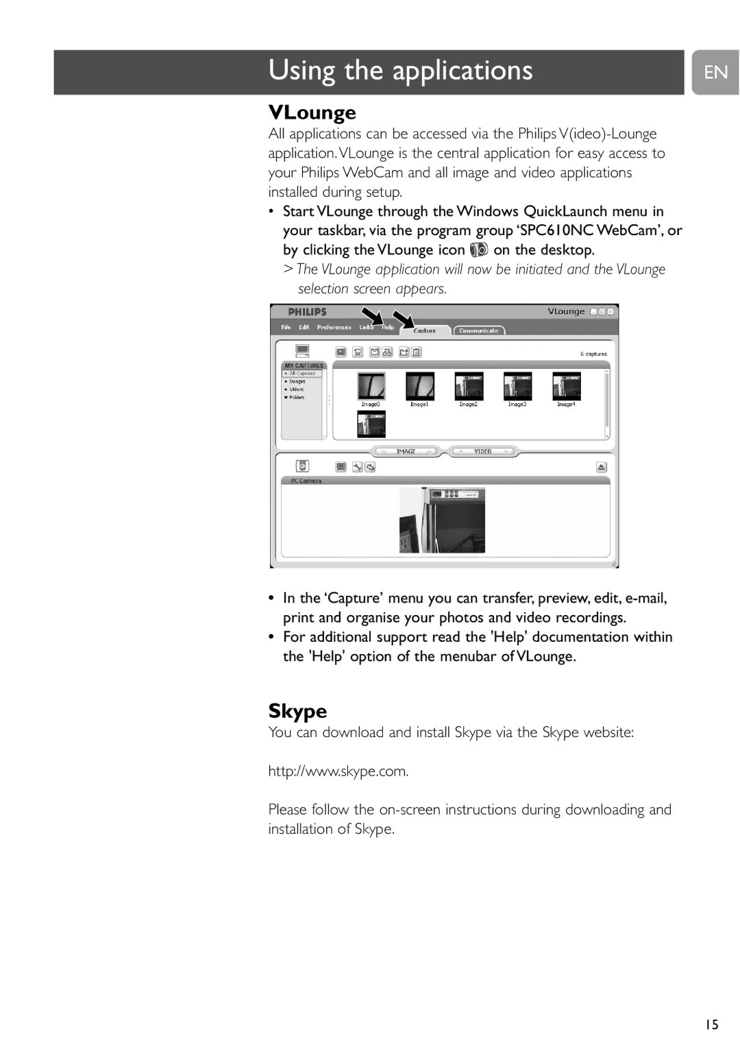 Philips SPC610NC user manual Using the applications, VLounge, Skype 