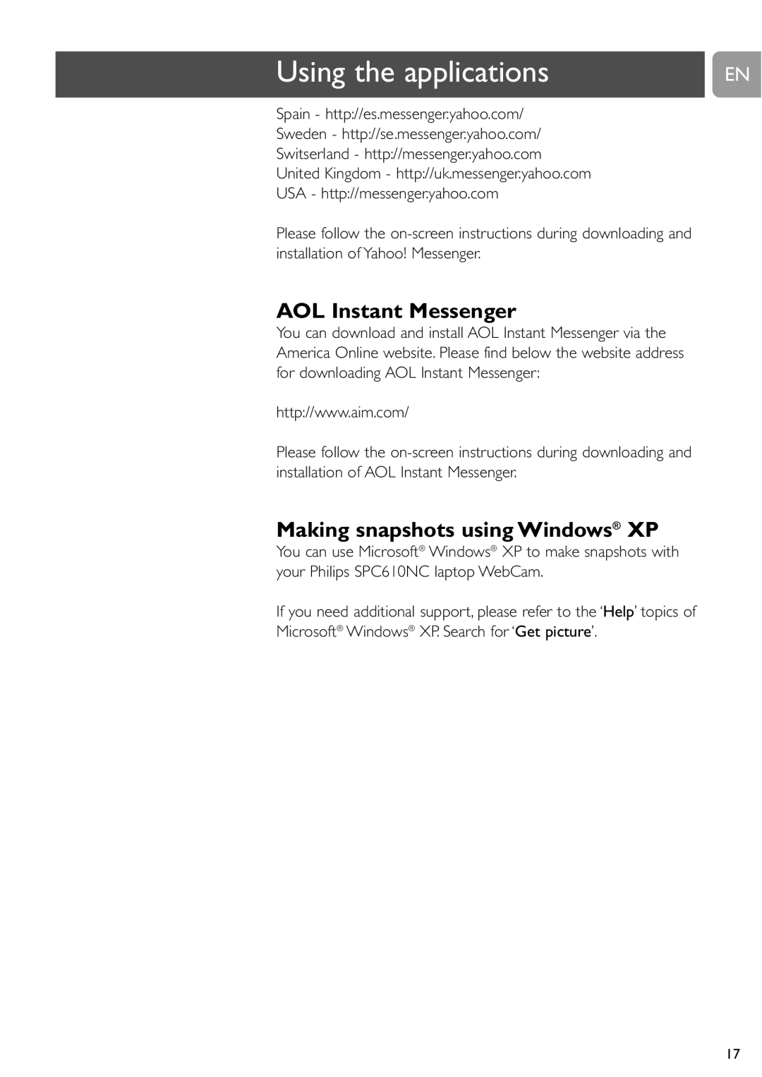 Philips SPC610NC user manual AOL Instant Messenger, Making snapshots using Windows XP 