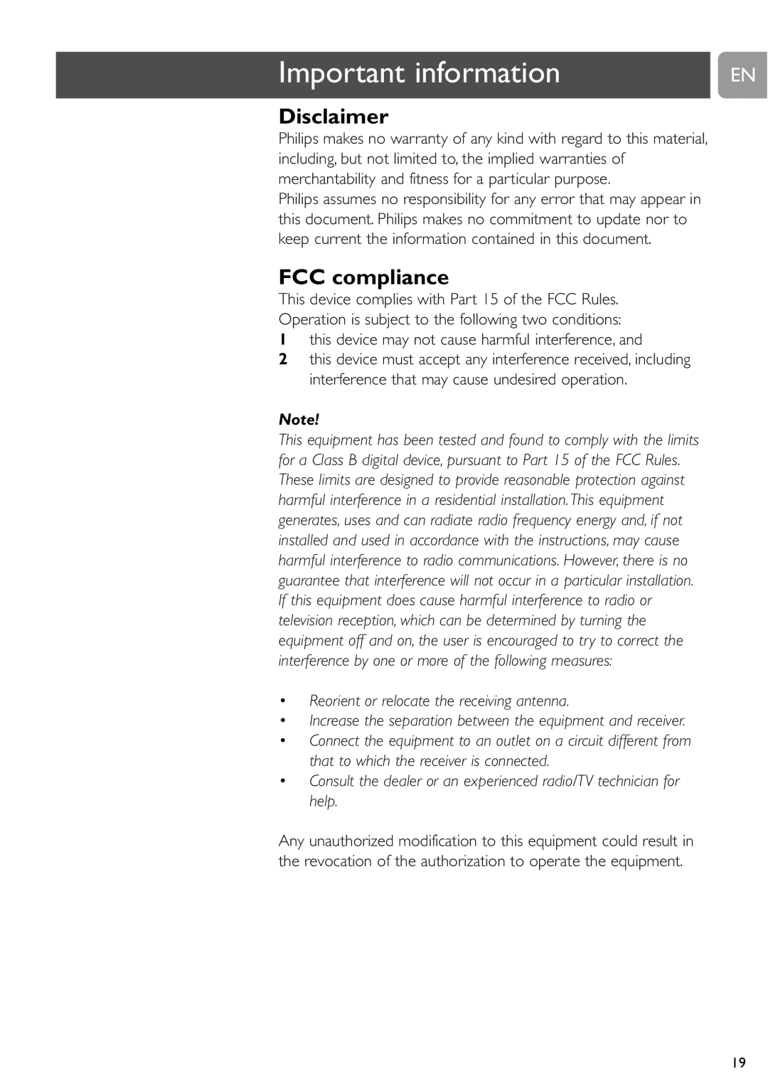 Philips SPC610NC Important information, Disclaimer, FCC compliance, This device may not cause harmful interference 