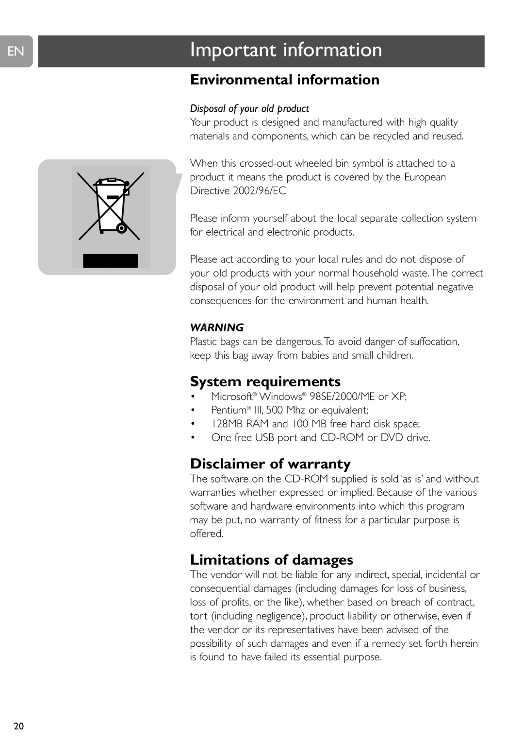 Philips SPC610NC user manual Environmental information, System requirements, Disclaimer of warranty, Limitations of damages 