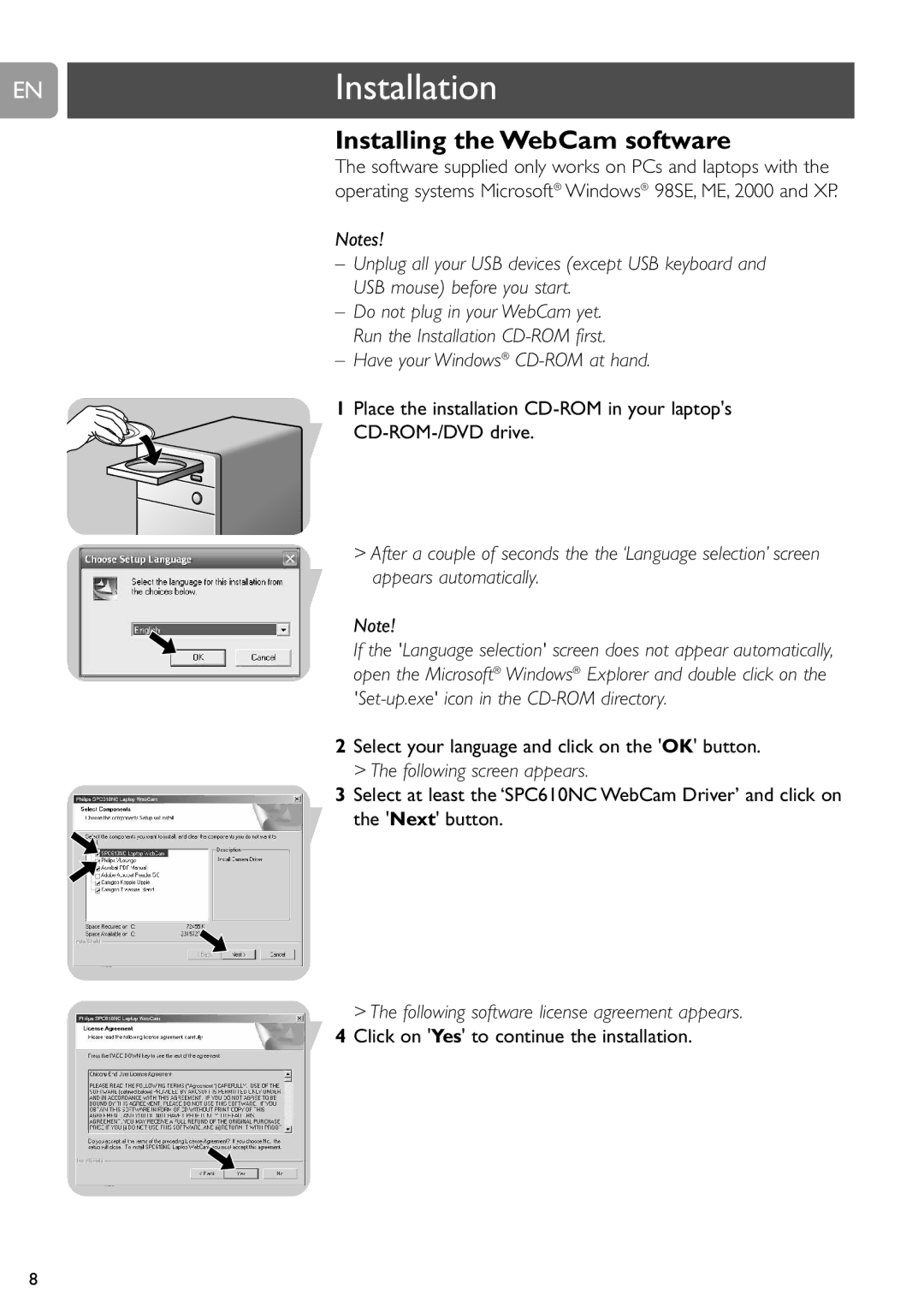 Philips SPC610NC user manual ENInstallation, Installing the WebCam software 